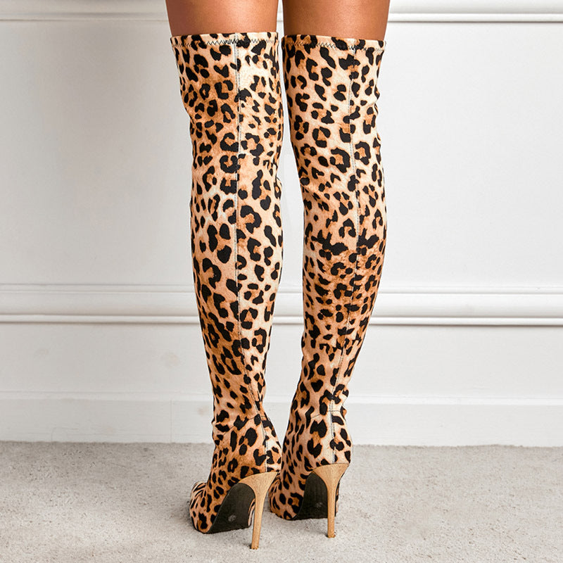 Leopard Print Pointed-toe Skinny Stiletto High Heel Leg Boots