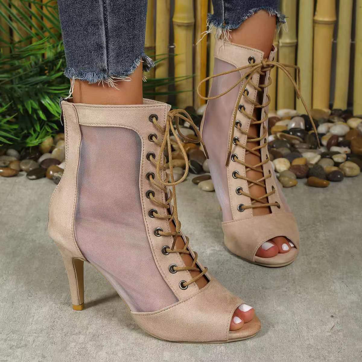 Mesh Lace Up Hollow Out Ankle Boots
