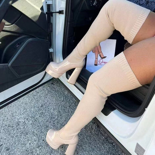 Round Head Chunky Heel Over The Knee Boots