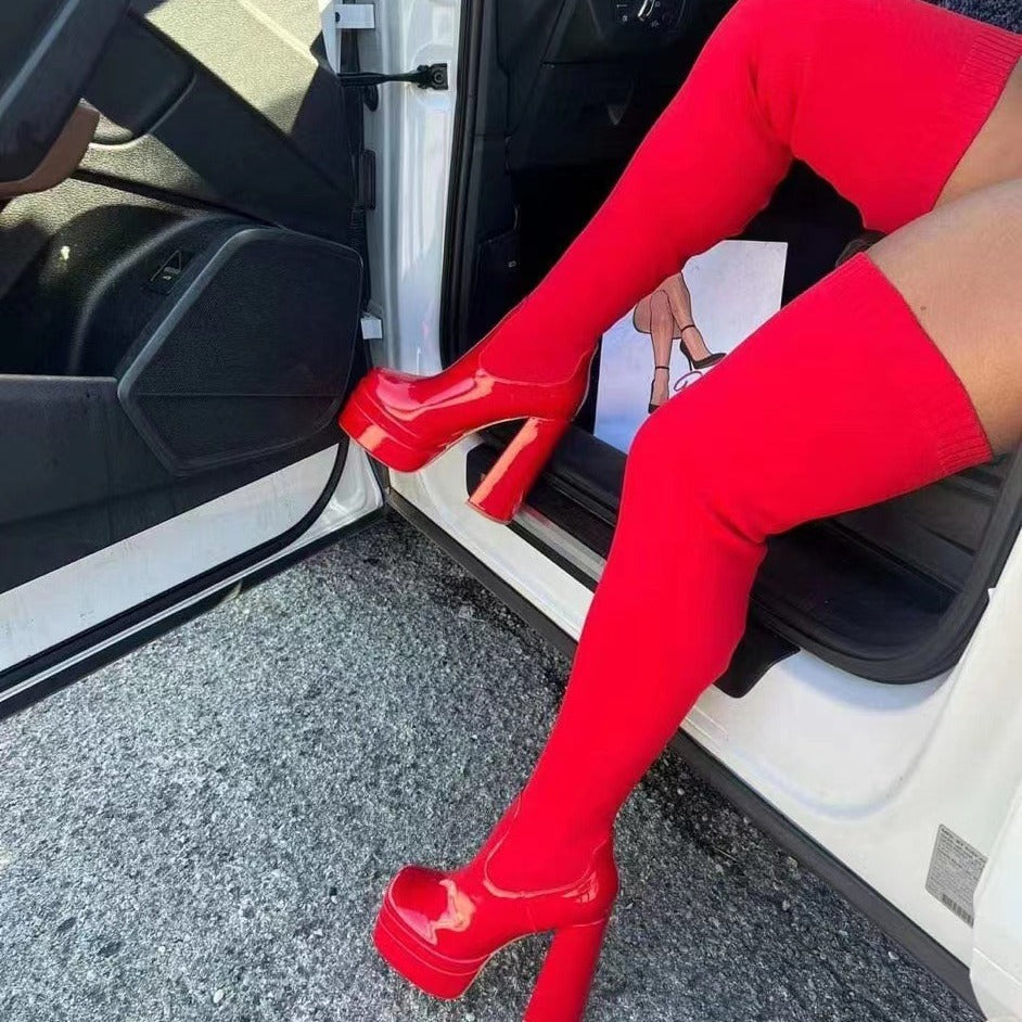 Round Head Chunky Heel Over The Knee Boots