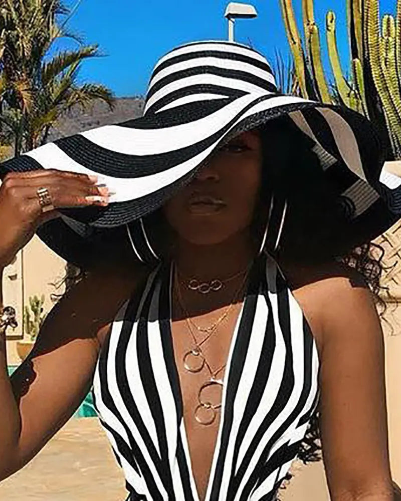 Wide Brim Striped Straw Hat