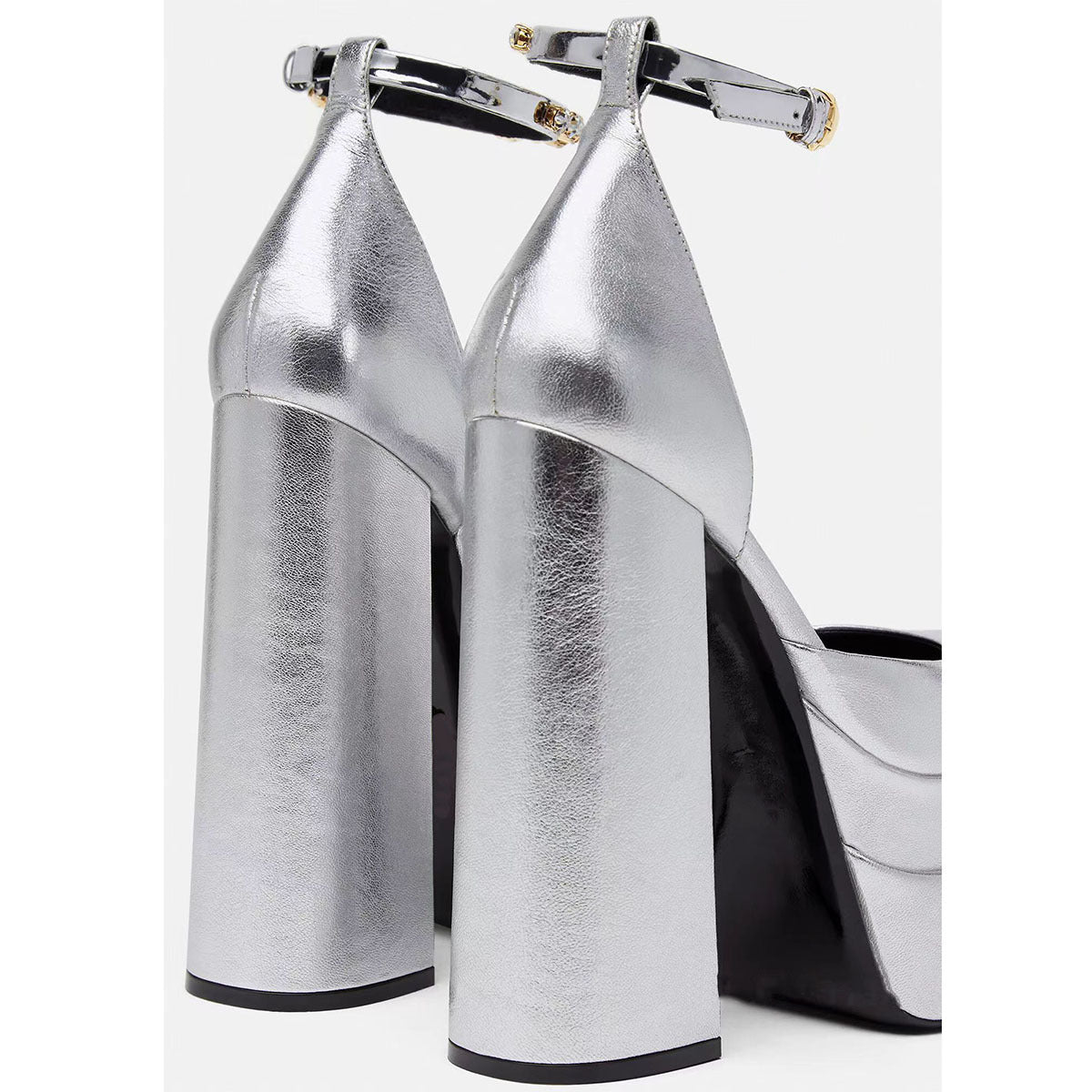 Square Head Hollow Platform Buckled Chunky Heels