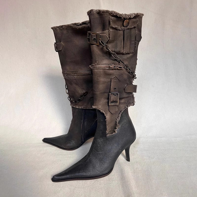 Retro Pointed Belt Buckle Western Boots