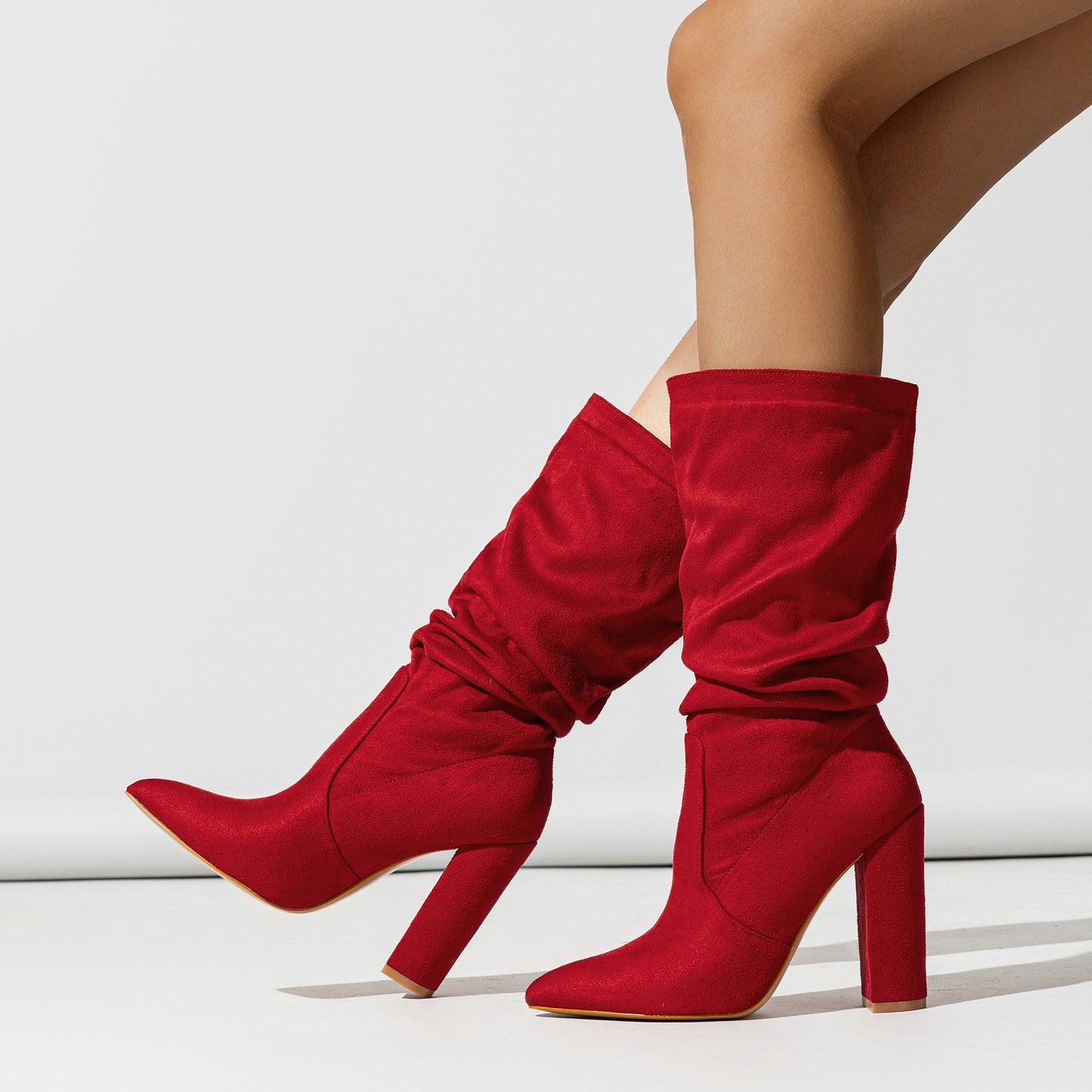 Chunky Pointed-Toe High Heel Pile Boots