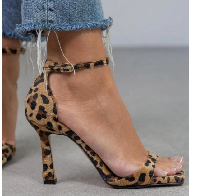 Square Toe Suede Open Toe Leopard Print High-heeled Sandals