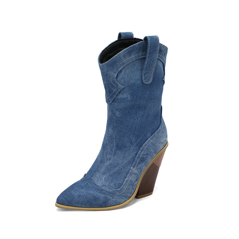 Retro Pointed Profiled Chunky Sleeve Middle Boots