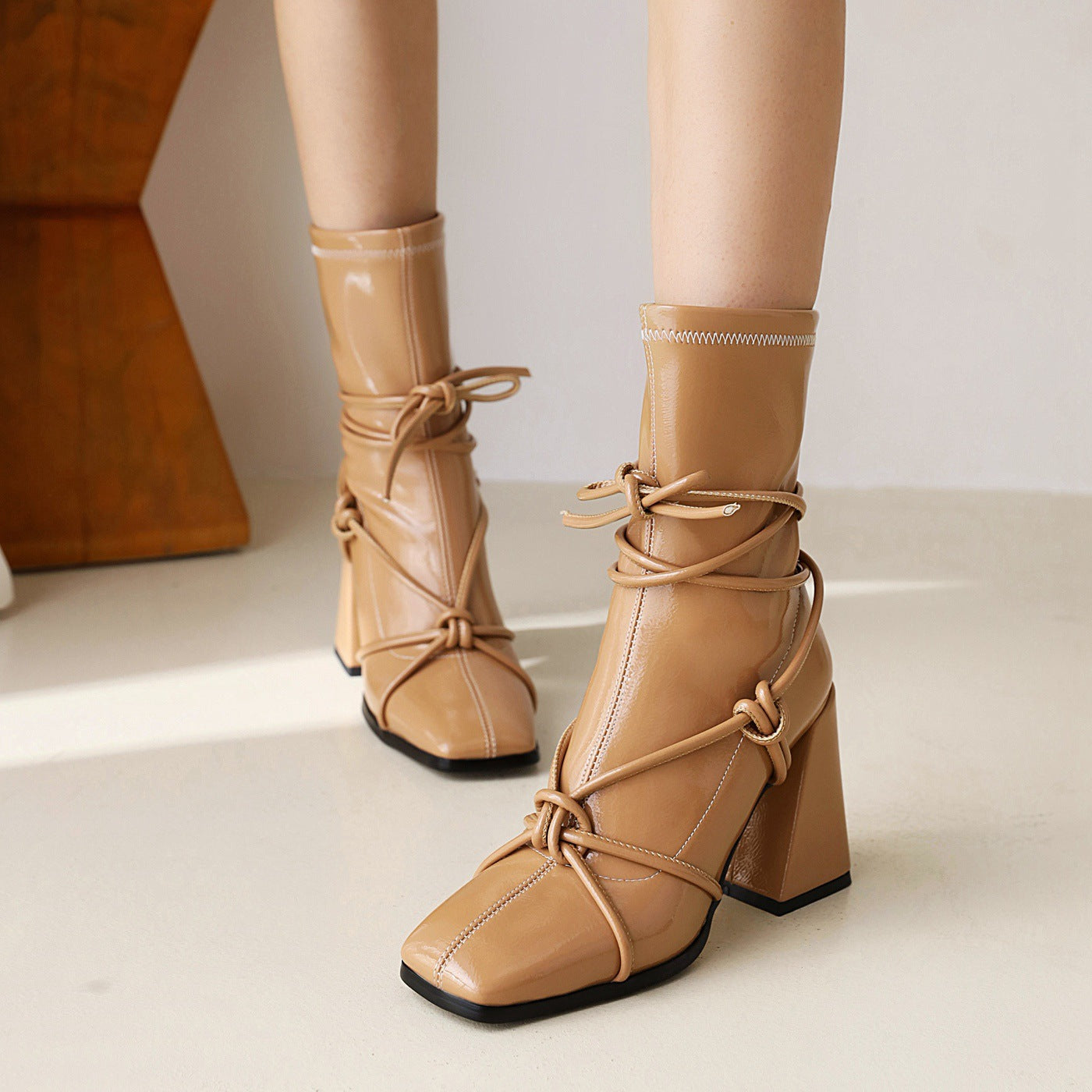 Lace Up Thick High Heel Square Head Ankle Boots