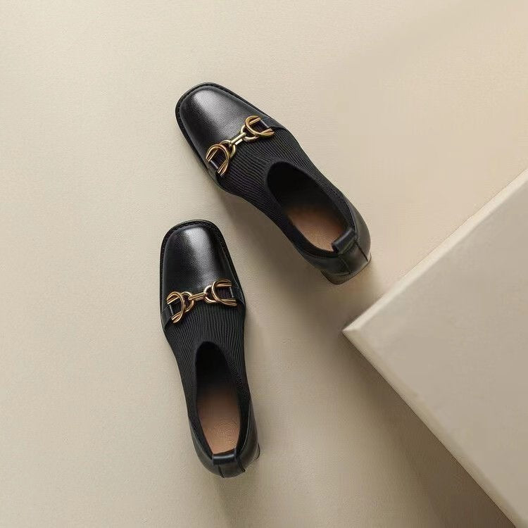 French Retro Soft Leather Square Toe High Heels