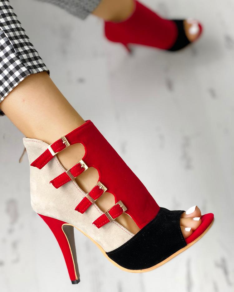 Colorblock Hollow Out Buckled Heels