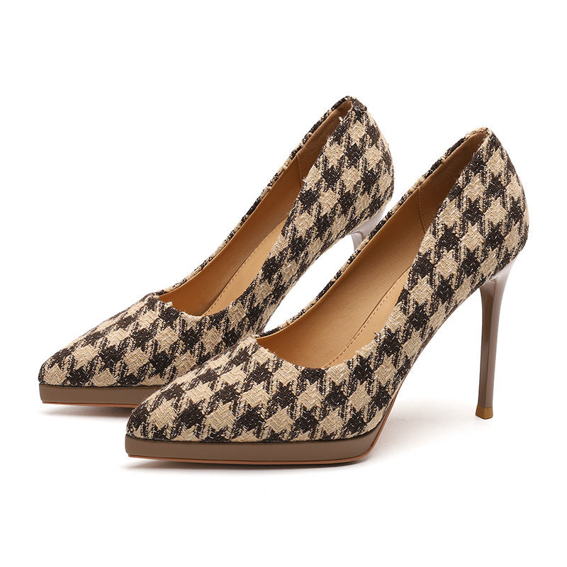 Check Pointed Fine High Heels