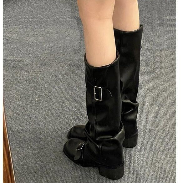 Retro Buckle Pleated Knight Boots