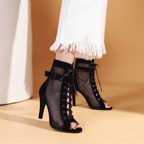 Peep Toe Hollow Mesh Cross Lace-up Buckle Heels
