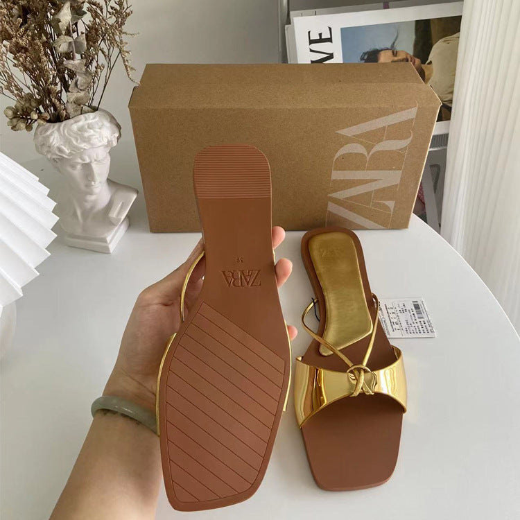 Flat Strap Metal Bow Tie Open Toe Slippers