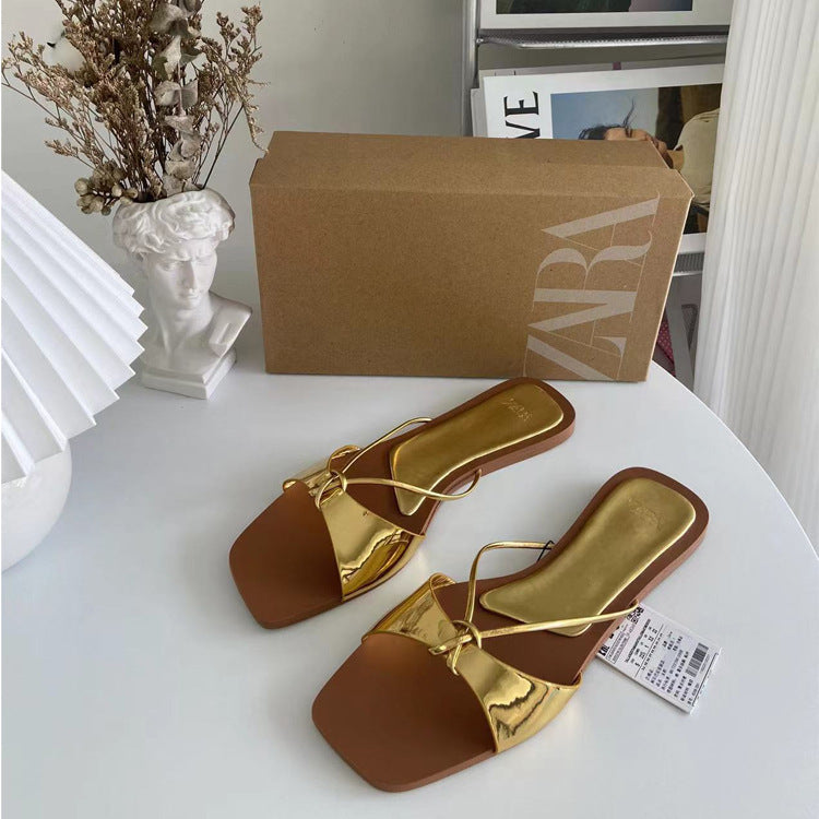 Flat Strap Metal Bow Tie Open Toe Slippers