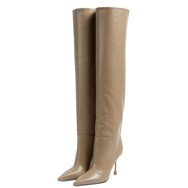 Pointed-Toe Stiletto Slip-on Below The Knee Plus Size Straight Boots