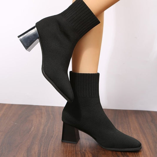 Pointed Toe Stretch Block Heel Boots