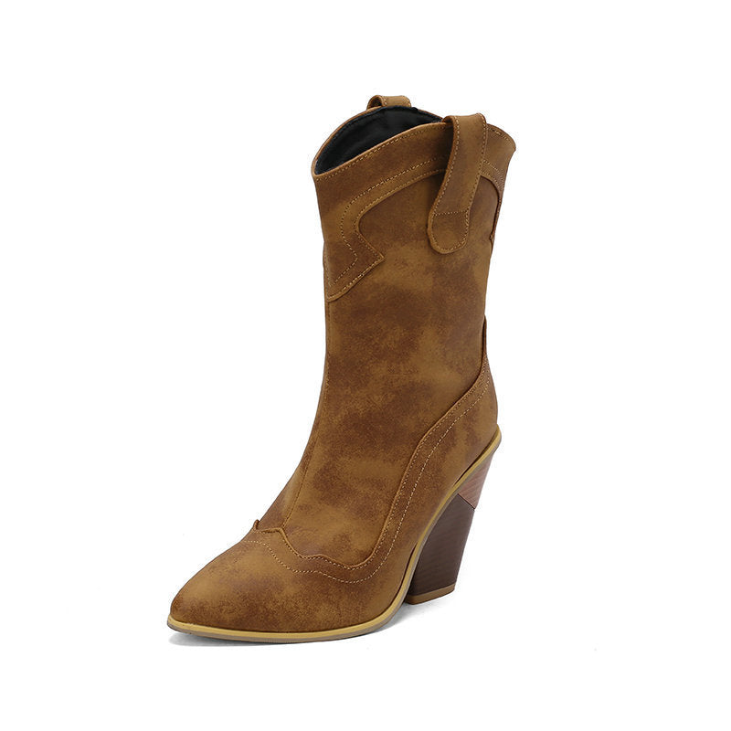 Retro Pointed Profiled Chunky Sleeve Middle Boots