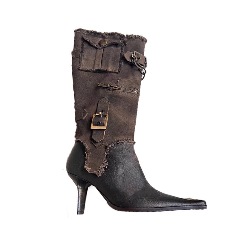 Retro Pointed Belt Buckle Western Boots