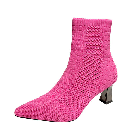 Knitted Sock Short Pointed Chunky Heel Boots