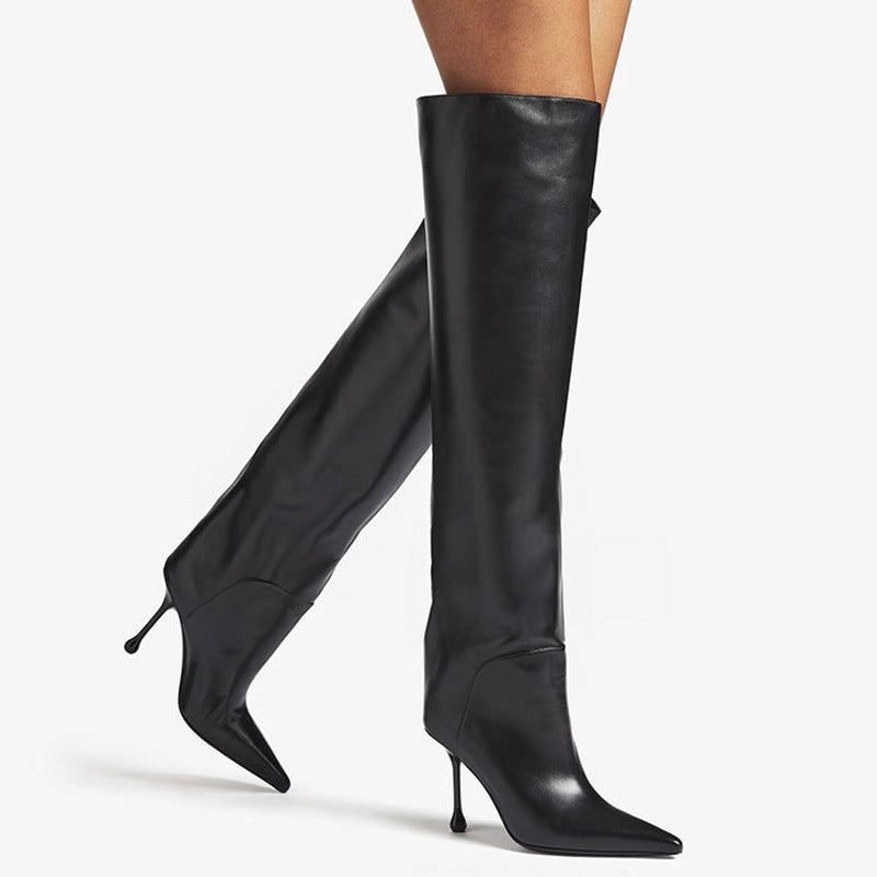 Pointed-Toe Stiletto Slip-on Below The Knee Plus Size Straight Boots