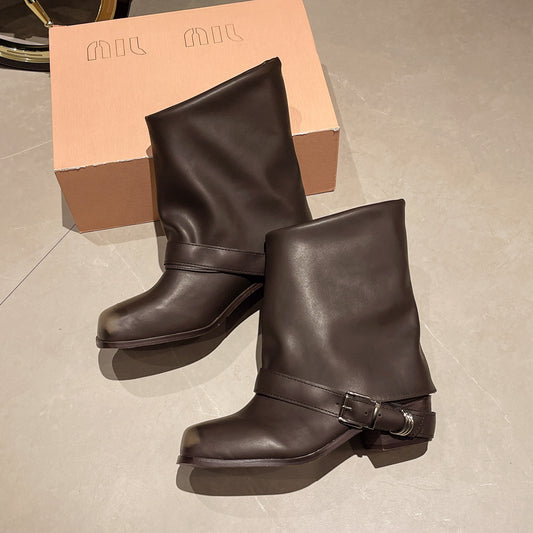 Punk Square Toe Distressed Boots Belt Buckle