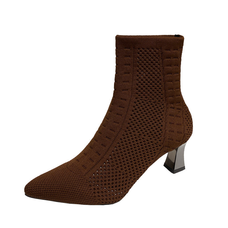 Knitted Sock Short Pointed Chunky Heel Boots