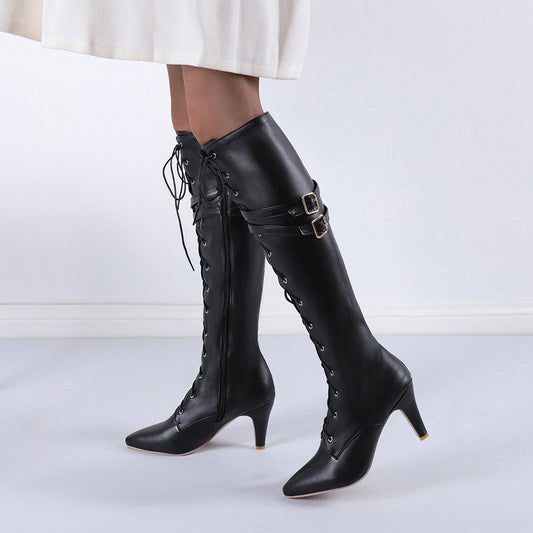 Belt Buckle Stiletto Heel Front Lace-up High Leg Boots