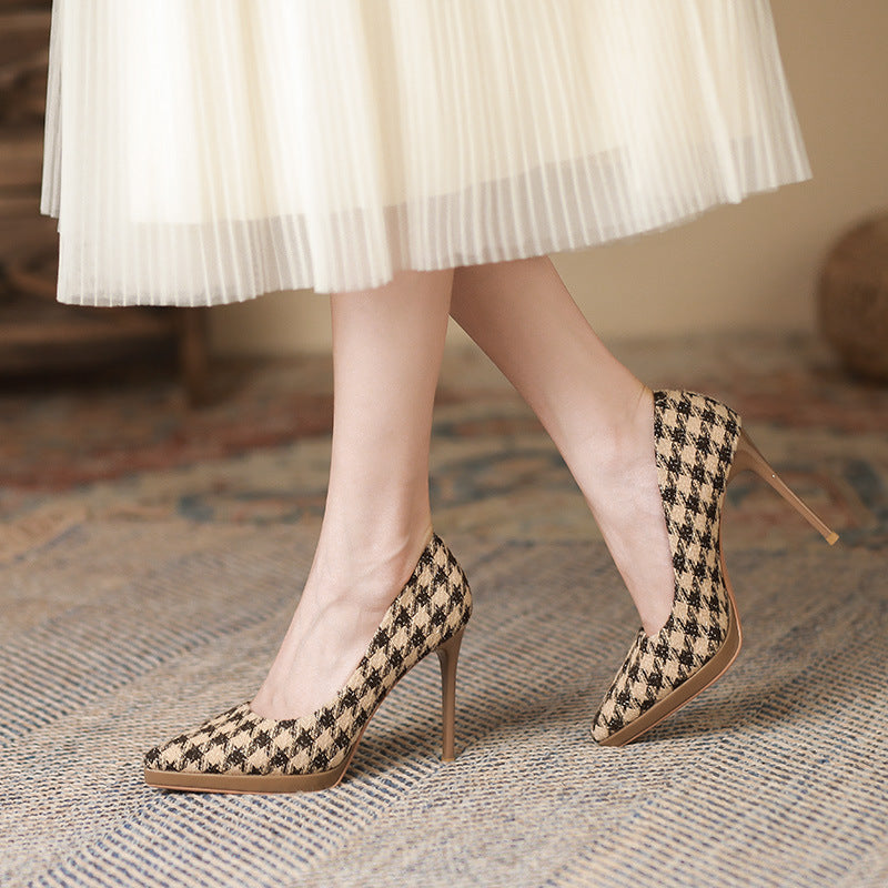 Check Pointed Fine High Heels