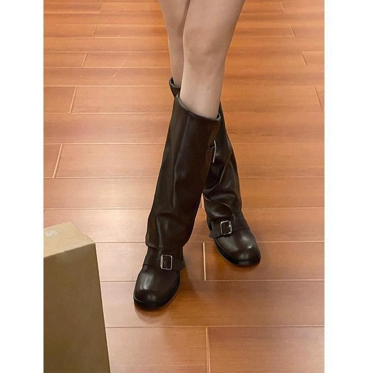 Retro Buckle Pleated Knight Boots