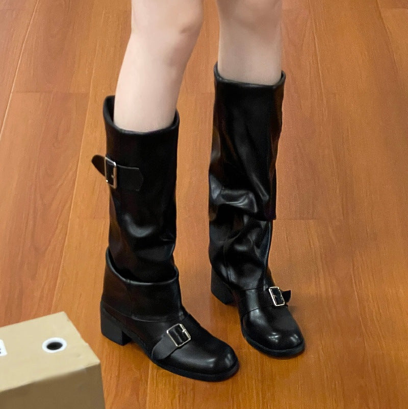 Retro Buckle Pleated Knight Boots