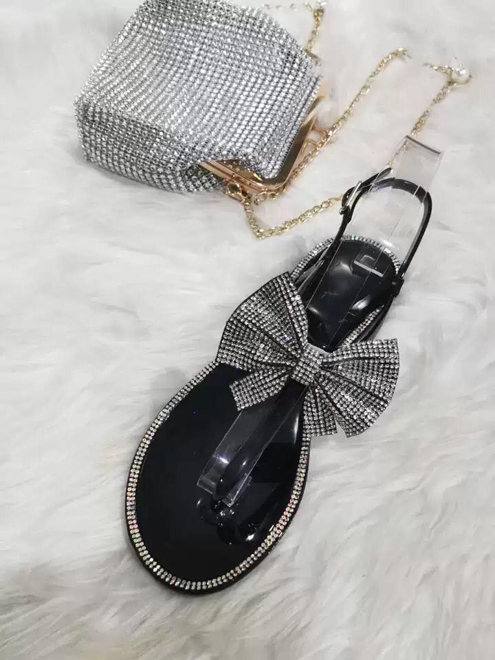 SPARKLY FLAT ANKLE STRAP BOW SANDALS