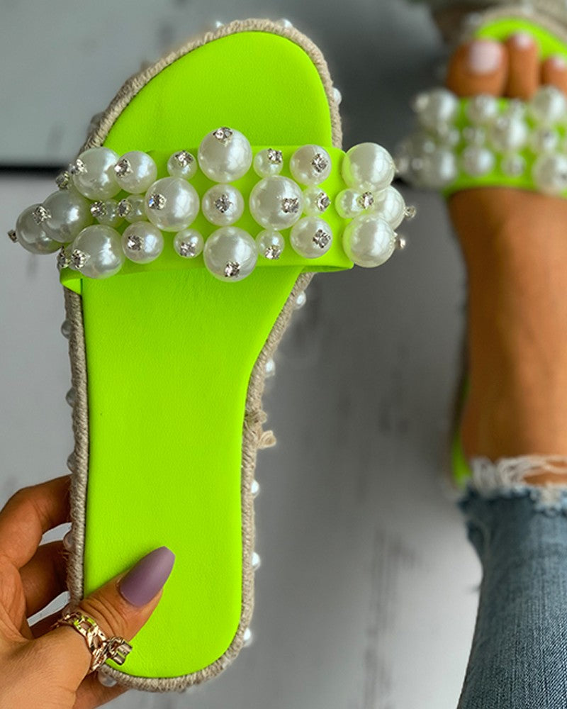 Beaded Rhinestone Open Toe Slippers