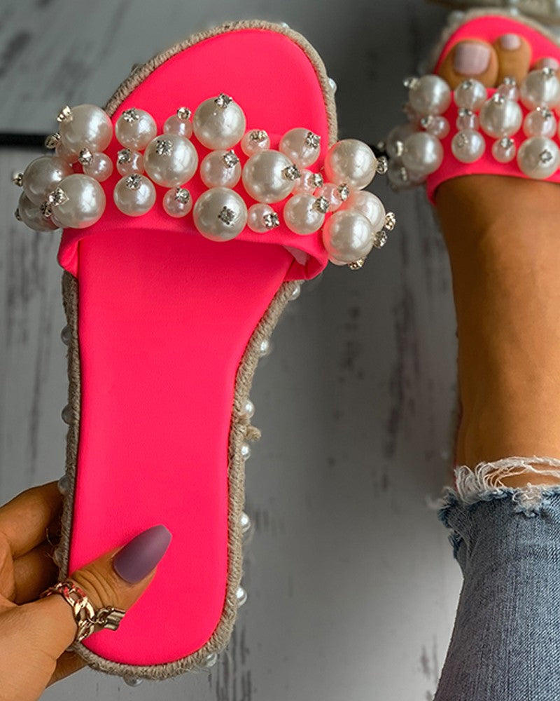 Beaded Rhinestone Open Toe Slippers