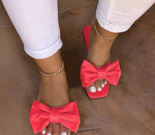 Bowknot Square Toe Flat Slippers