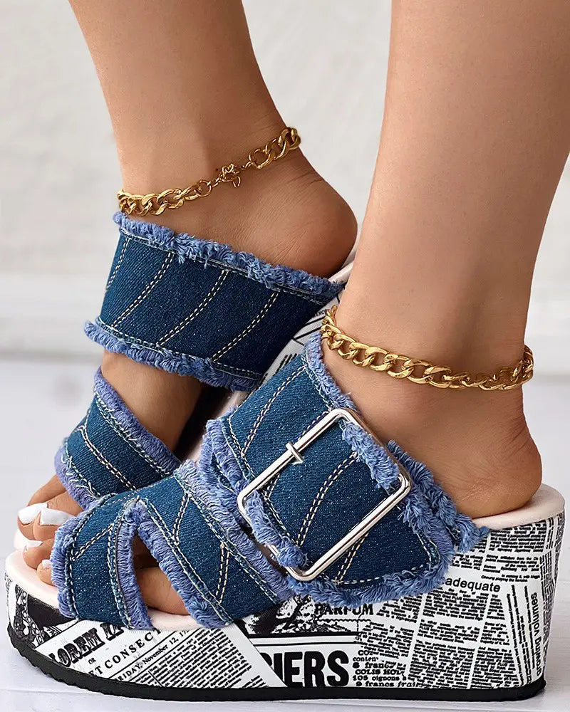 Newspaper Buckled Denim Wedge Slippers
