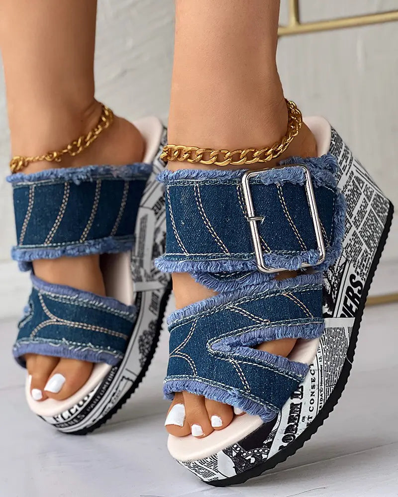 Newspaper Buckled Denim Wedge Slippers