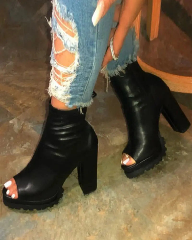 Peep Toe Zipper Design Chunky Boots