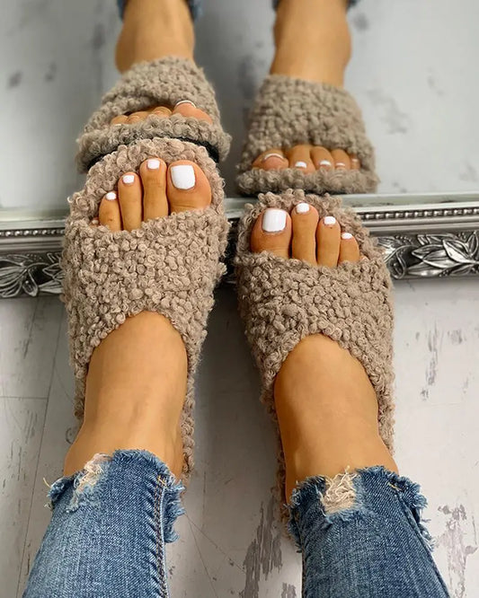 Solid Fluffy Crisscross Sandals