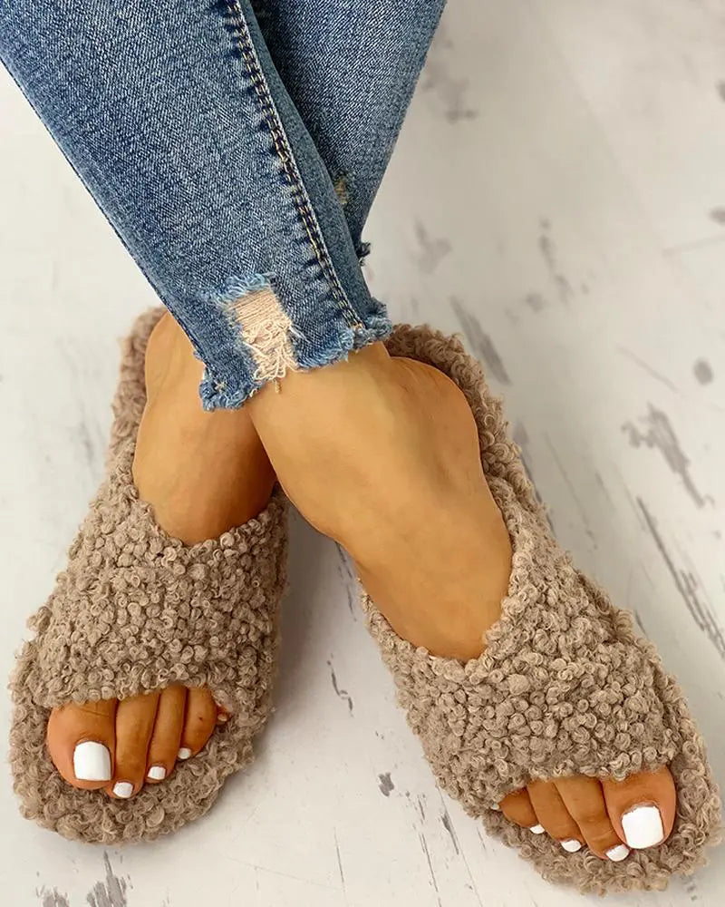 Solid Fluffy Crisscross Sandals