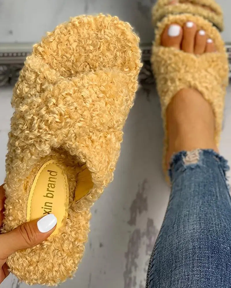 Solid Fluffy Crisscross Sandals
