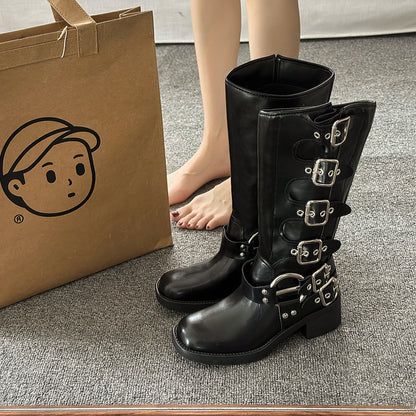 Leather Buckle Western Cowboy Boots