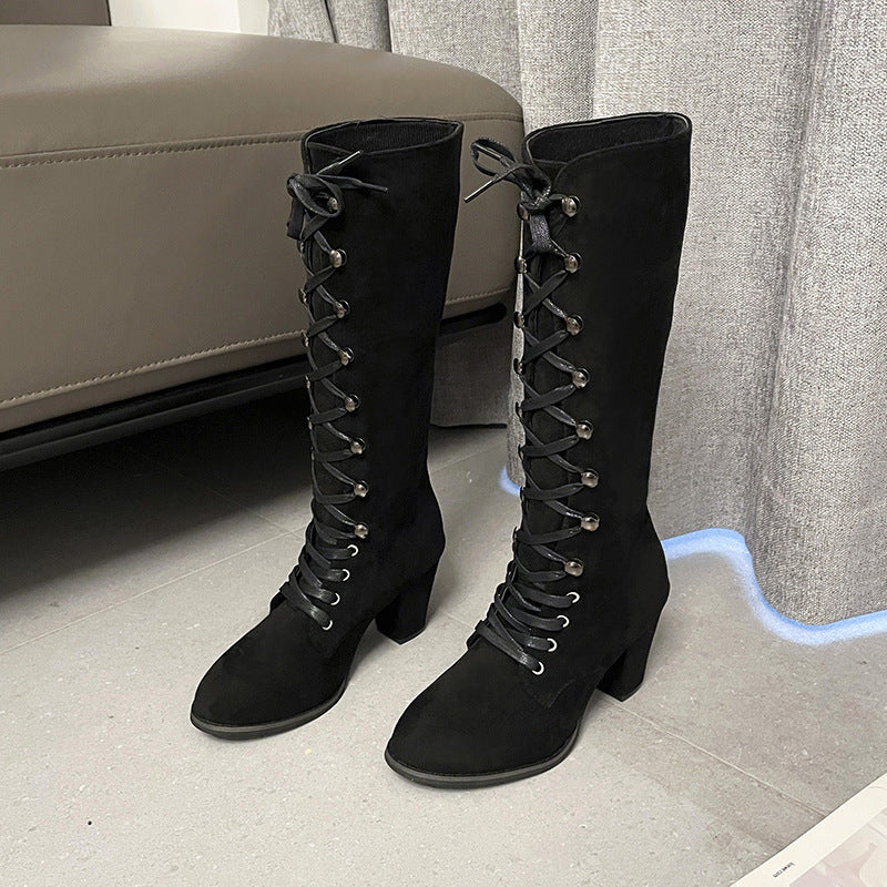 Simple Lace Up Knee High Boots