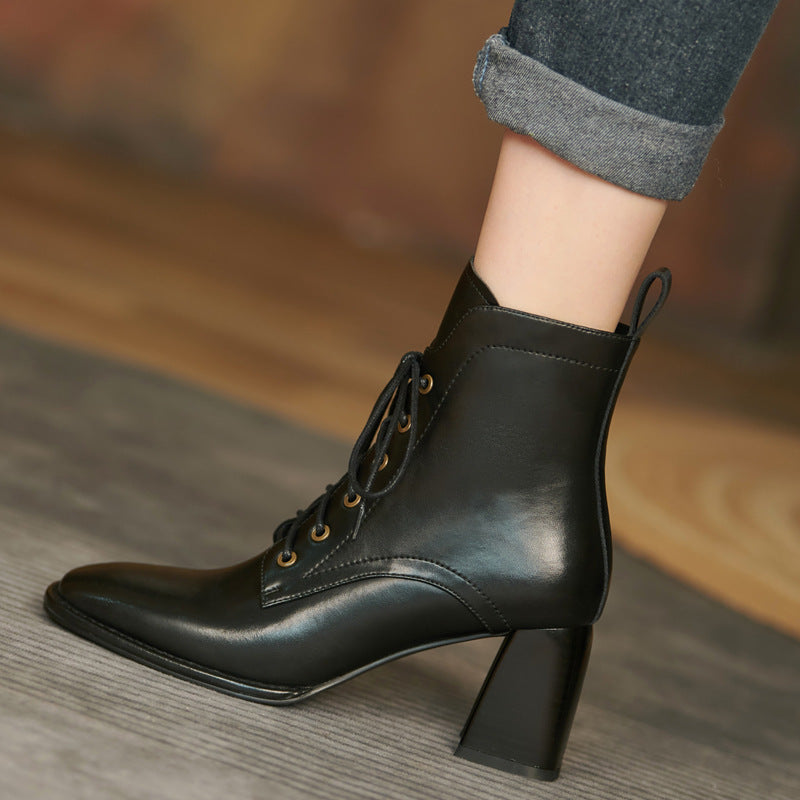 British Retro Lace Up Short High Heel Boots