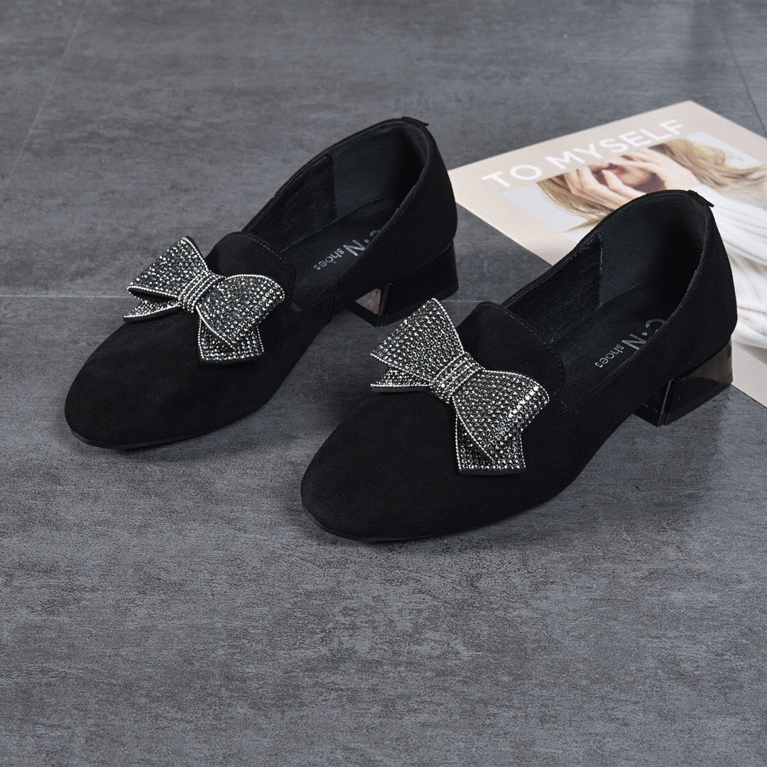 Round Toe Rhinestone Bow Leather Flats