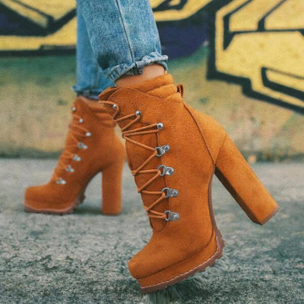 Round Toe Lace UP High Heels Boots