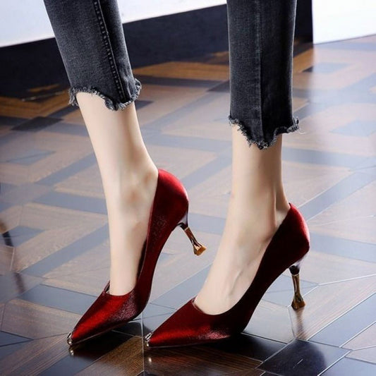 Pointed Gold Toe Satin High Heels
