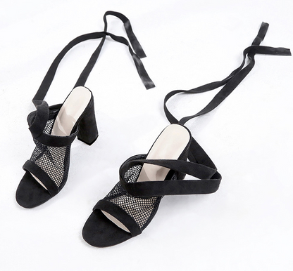 Bandage Flock Cross Strap Lace Up High Heel Sandals