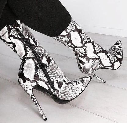 Snake Skin Stiletto Pointed Toe Heel Boots