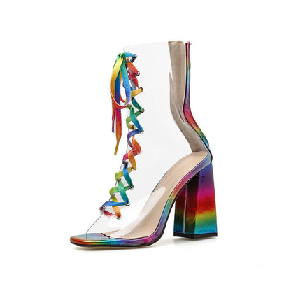 Transparent Rainbow Color Lace-Up Thick Heels