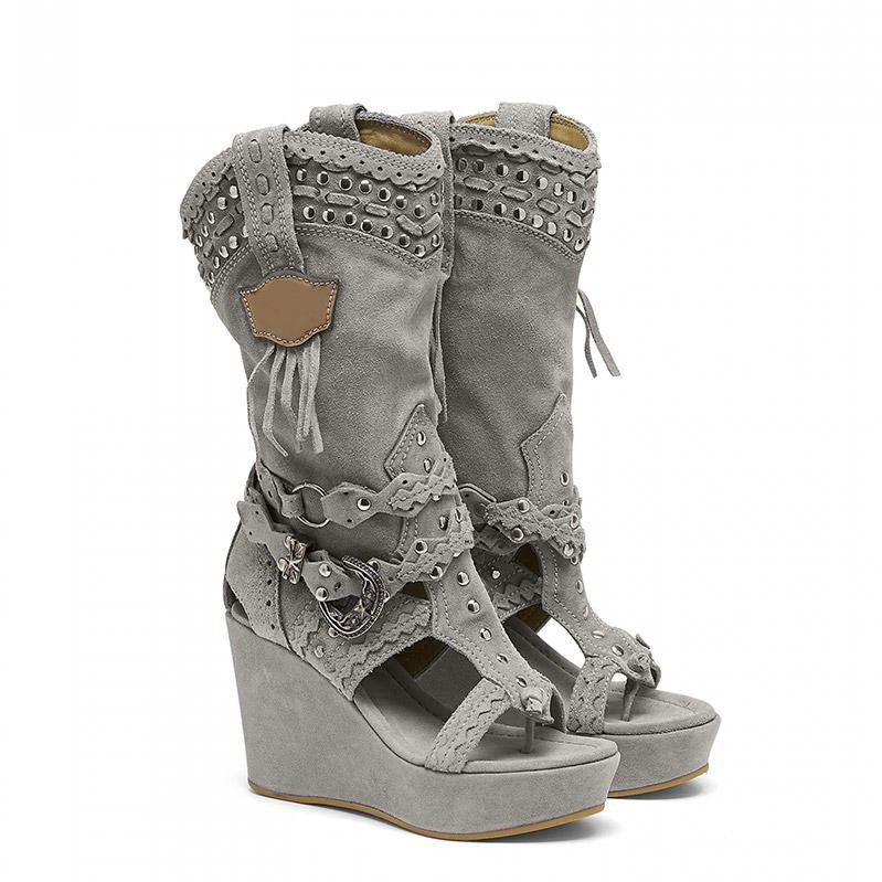 Canvas Denim Wedge Hollow-out Boots